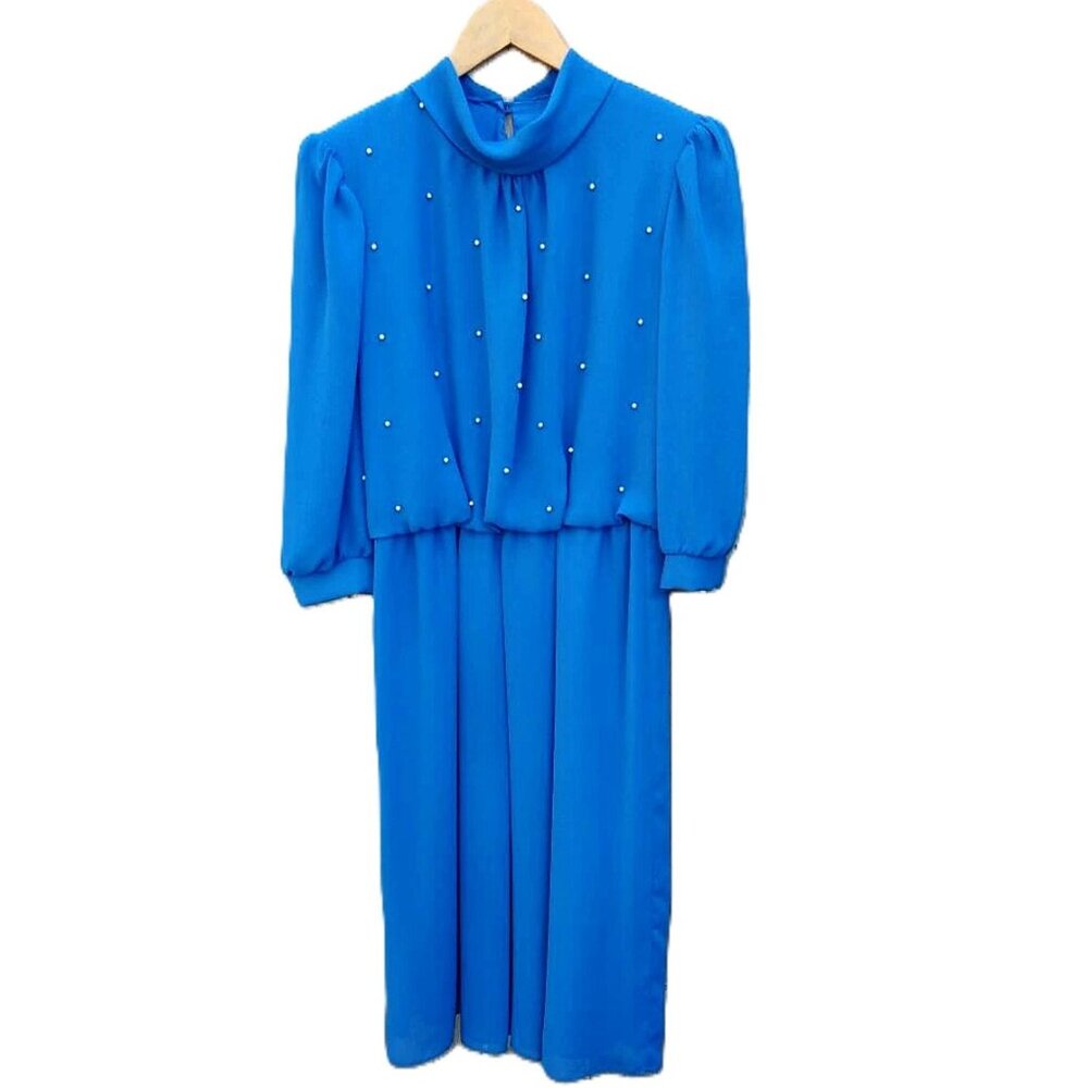 Vintage Blue Dress with Pearly Beaded Bodice and Long Sleeves 40" Bust
